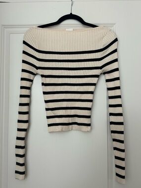 H&M Striped Rib-Knit Boatneck Sweater - Cream & Black